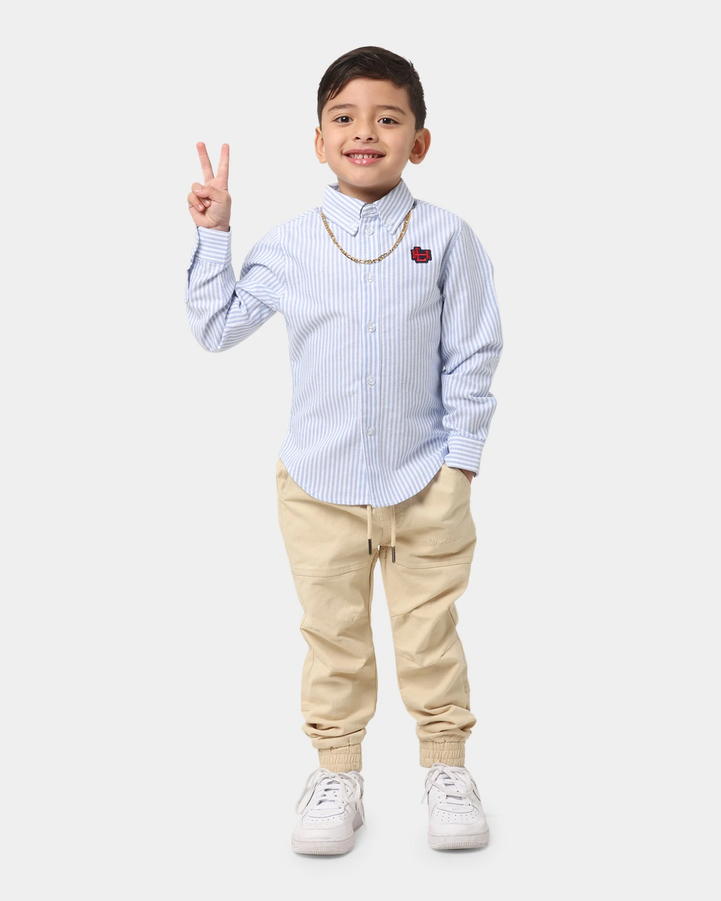 Lil Homme Kid's Mono Oxford Button Up Shirt White/Light Blue 4 Lil Homme Kid's Mono Oxford Button Up Shirt White/Light Blue - Image 2