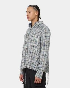 MNML Raw Edge Flannel Shirt Blue/White -Fashion Clothing Store 02040126 YX095 mens 0060