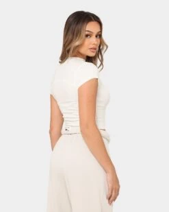 Joah Brown Women's Contrast Stitch Crop T-Shirt Bone -Fashion Clothing Store 02041151 YB322 womens 050