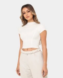 Joah Brown Women's Contrast Stitch Crop T-Shirt Bone -Fashion Clothing Store 02041151 YB322 womens 060