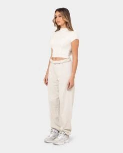 Joah Brown Women's Contrast Stitch Crop T-Shirt Bone -Fashion Clothing Store 02041151 YB322 womens 070