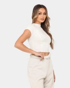 Joah Brown Women's Contrast Stitch Crop T-Shirt Bone -Fashion Clothing Store 02041151 YB322 womens 080