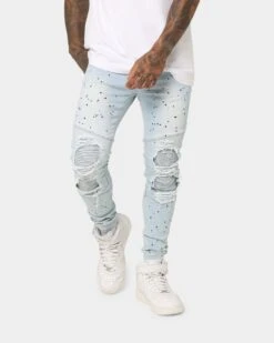 Sik Silk Riot Biker Denim Jeans Washed Blue