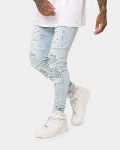 Sik Silk Riot Biker Denim Jeans Washed Blue -Fashion Clothing Store 03006923 YW645 mens 0060