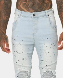 Sik Silk Riot Biker Denim Jeans Washed Blue -Fashion Clothing Store 03006923 YW645 mens 0070