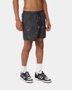 Adidas Trefoil All Over Print Swim Shorts Black/Grey Sox -Fashion Clothing Store 03010372 YD493 mens 0050
