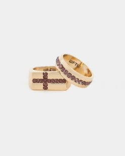 Wild For The Weekend Cross Stone Ring 2 Pack (Medium) Gold/Purple