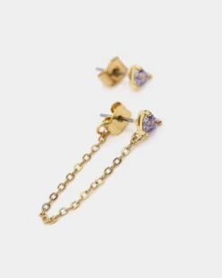 Raising Hell Women's Two Hearts Earrings Gold/Lilac -Fashion Clothing Store 09000317 YG836 default 00050