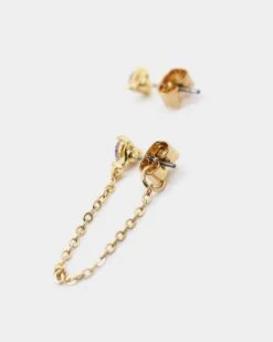 Raising Hell Women's Two Hearts Earrings Gold/Lilac -Fashion Clothing Store 09000317 YG836 default 00060