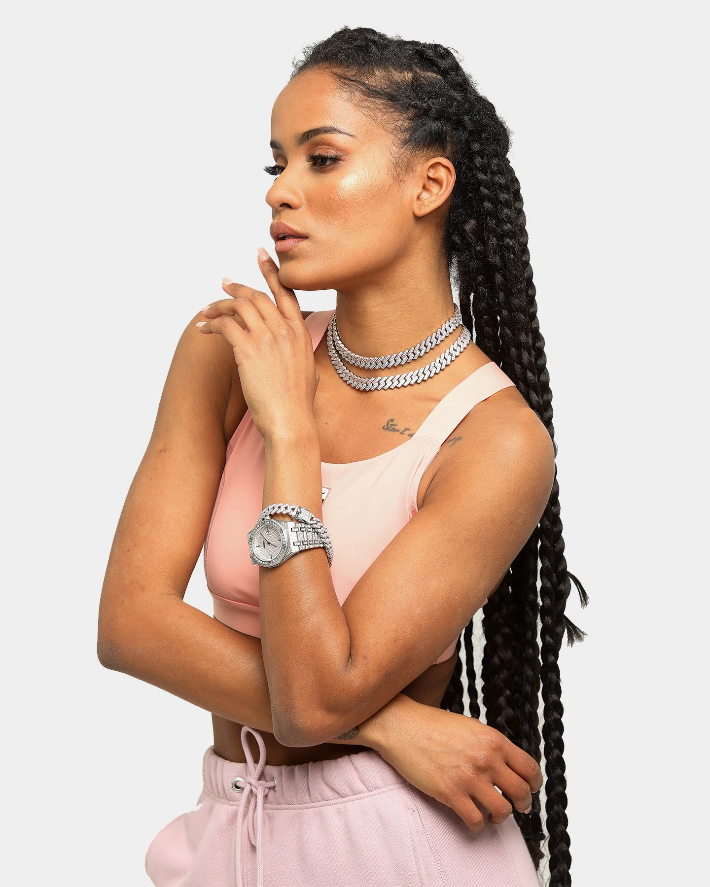 Raising Hell Women's Interlink 16" Choker Necklace Pink/Iced White Gold 12 Raising Hell Women's Interlink 16" Choker Necklace Pink/Iced White Gold - Image 10